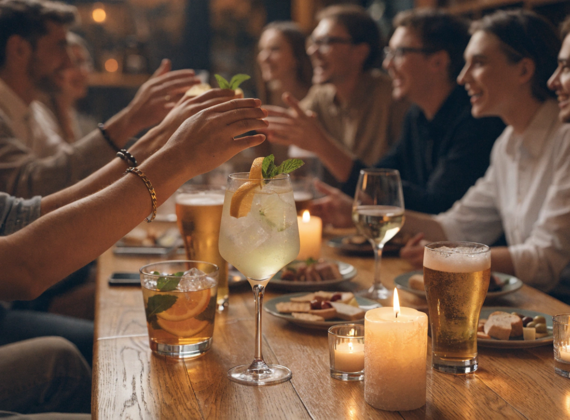 A casual social gathering at a wooden table with cocktails, candles, and friends raising glasses in a toast