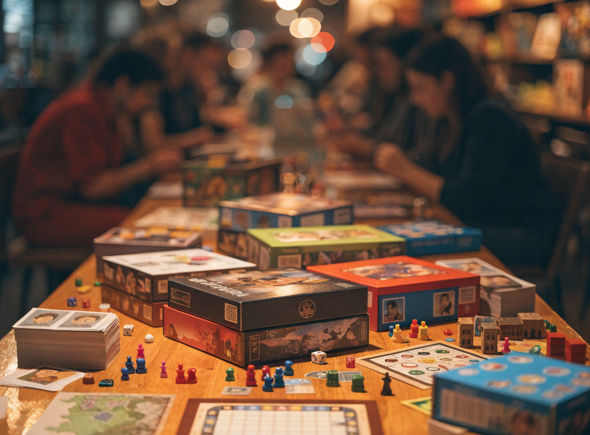 A wooden table densely covered with a variety of board game boxes and components
