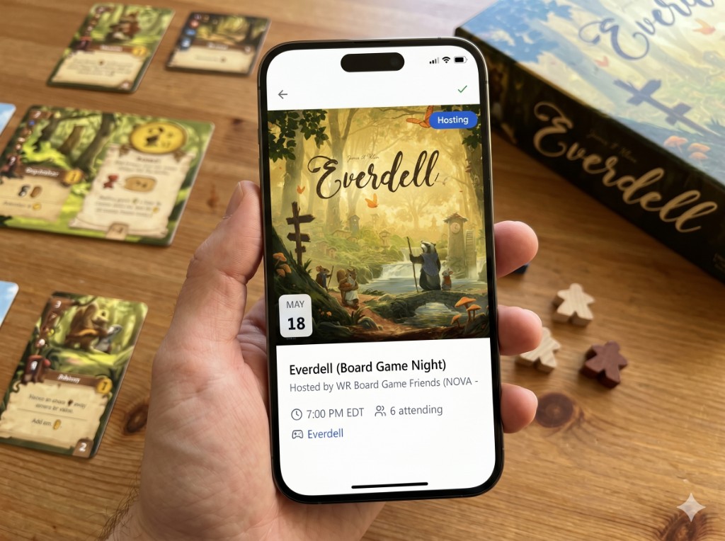 WR-Games event card for an Everdell game night with 6 attendees at 7 PM