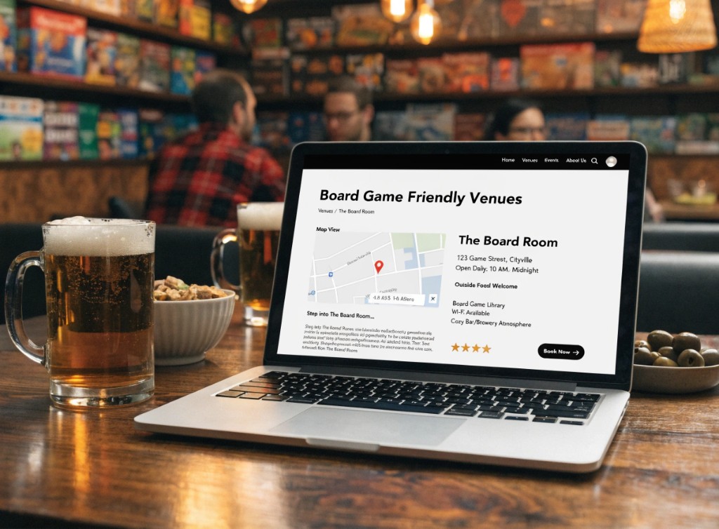 WR-Games venue detail page showing a board-game-friendly bar with map, hours, and amenities